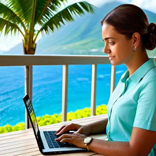 A focused professional, fully clothed in modest, light business casual attire, working calmly on a laptop on a balcony overlooking the turquoise waters and lush palm trees of St. Kitts and Nevis. The scene captures the tranquility and beauty of the Caribbean, illuminated by soft natural sunlight. Professional photography, high quality, perfect anatomy, correct proportions, natural pose, well-formed hands, proper finger count, natural body proportions, appropriate attire, professional dress, safe for work, appropriate content, professional.