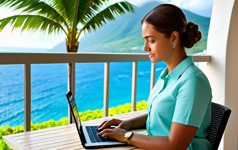 A focused professional, fully clothed in modest, light business casual attire, working calmly on a laptop on a balcony overlooking the turquoise waters and lush palm trees of St. Kitts and Nevis. The scene captures the tranquility and beauty of the Caribbean, illuminated by soft natural sunlight. Professional photography, high quality, perfect anatomy, correct proportions, natural pose, well-formed hands, proper finger count, natural body proportions, appropriate attire, professional dress, safe for work, appropriate content, professional.