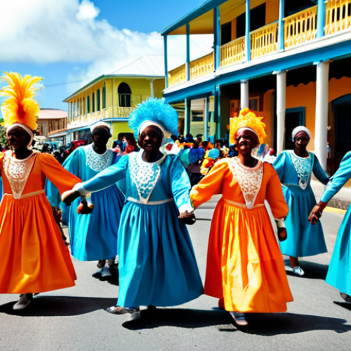 **Prompt:** "A vibrant street scene during Carnival in St. Kitts. Dancers in colorful, modest costumes are parading down the street, surrounded by onlookers. Steelpan musicians are playing energetic music. Buildings in the background are painted in bright Caribbean colors. fully clothed, safe for work, appropriate content, perfect anatomy, natural proportions, professional photography, high quality, family-friendly, modest attire."