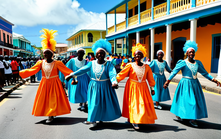**Prompt:** "A vibrant street scene during Carnival in St. Kitts. Dancers in colorful, modest costumes are parading down the street, surrounded by onlookers. Steelpan musicians are playing energetic music. Buildings in the background are painted in bright Caribbean colors. fully clothed, safe for work, appropriate content, perfect anatomy, natural proportions, professional photography, high quality, family-friendly, modest attire."