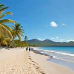 Tranquil Beach Scene**

"A wide, golden sand beach on Nevis, lined with coconut palm trees, turquoise sea, clear blue sky, peaceful, fully clothed figures strolling along the shore, appropriate attire, safe for work, natural pose, perfect anatomy, professional photography, high quality."

**