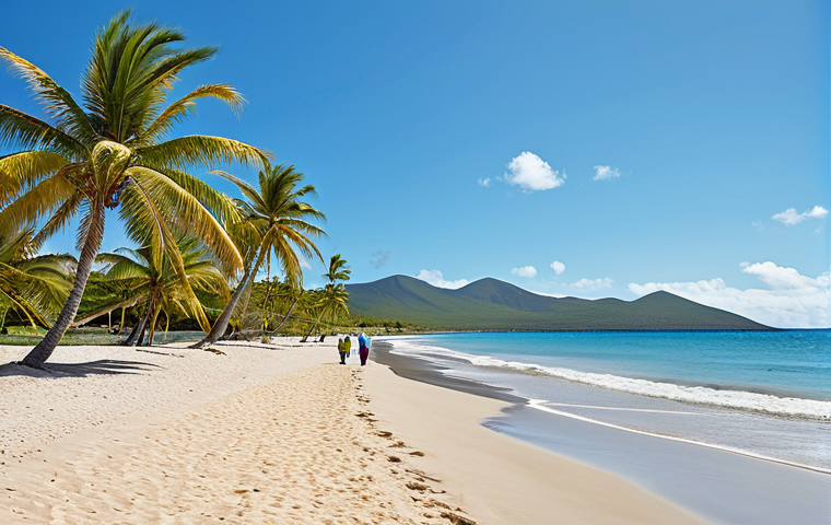 Tranquil Beach Scene**

"A wide, golden sand beach on Nevis, lined with coconut palm trees, turquoise sea, clear blue sky, peaceful, fully clothed figures strolling along the shore, appropriate attire, safe for work, natural pose, perfect anatomy, professional photography, high quality."

**