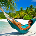 Tranquil Relaxation**

"A woman relaxing in a hammock strung between two palm trees on a pristine, white-sand beach. Azure water gently laps at the shore. She is fully clothed in a light, modest sundress. Holding a fresh coconut, straw inserted. In the background, lush green vegetation. Safe for work, appropriate content, professional photography, perfect anatomy, natural proportions, family-friendly, fully clothed."

**