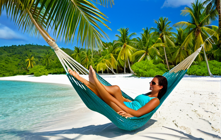 Tranquil Relaxation**

"A woman relaxing in a hammock strung between two palm trees on a pristine, white-sand beach. Azure water gently laps at the shore. She is fully clothed in a light, modest sundress. Holding a fresh coconut, straw inserted. In the background, lush green vegetation. Safe for work, appropriate content, professional photography, perfect anatomy, natural proportions, family-friendly, fully clothed."

**