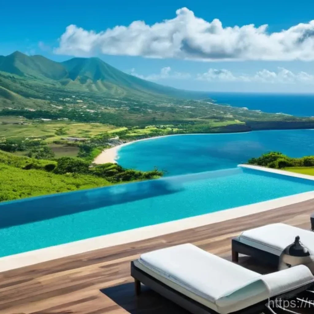 세인트키츠 네비스 관광 수입 - **Luxury Resort and Volcanic Landscape:** An breathtaking aerial view capturing a sophisticated, low...