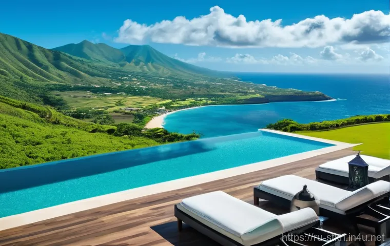 세인트키츠 네비스 관광 수입 - **Luxury Resort and Volcanic Landscape:** An breathtaking aerial view capturing a sophisticated, low...