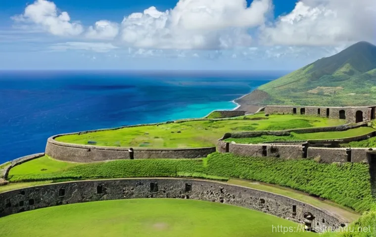 세인트키츠 네비스 관광 수입 - **Luxury Resort and Volcanic Landscape:** An breathtaking aerial view capturing a sophisticated, low...