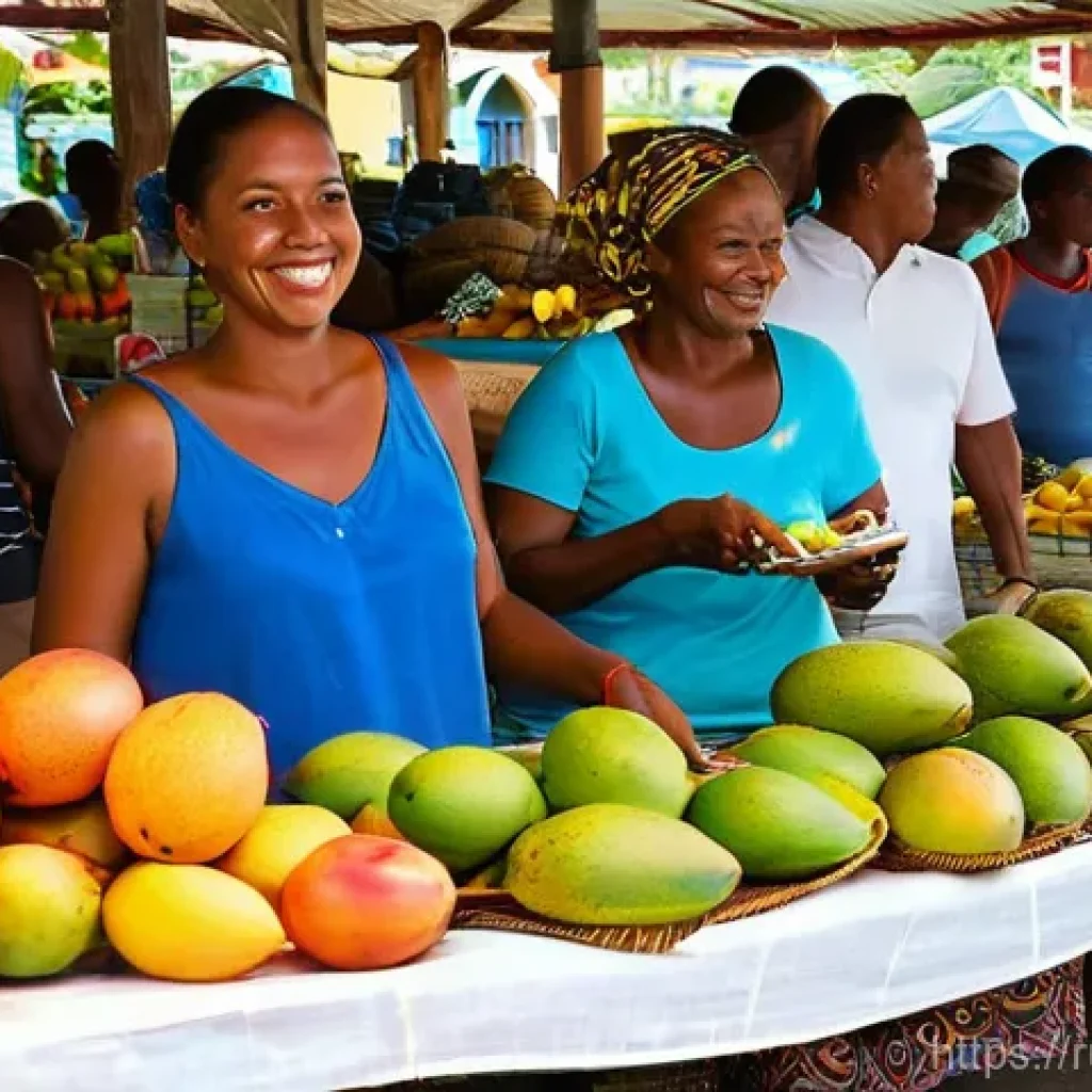 세인트키츠 네비스 현지인 문화 예절 - A vibrant open-air market on St. Kitts and Nevis, bustling with local vendors and tourists. Stalls a...