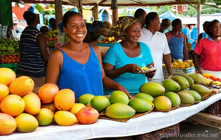 세인트키츠 네비스 현지인 문화 예절 - A vibrant open-air market on St. Kitts and Nevis, bustling with local vendors and tourists. Stalls a...