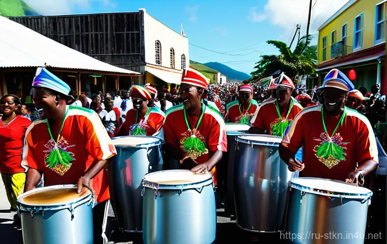 세인트키츠 네비스 현지인 문화 예절 - A vibrant open-air market on St. Kitts and Nevis, bustling with local vendors and tourists. Stalls a...