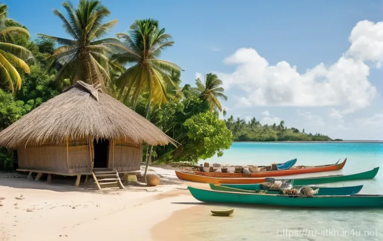 세인트키츠 네비스 원주민 역사 - **Arawak Daily Life by the Shores of Liamuiga:**
A vibrant and serene scene depicting a small Ar...