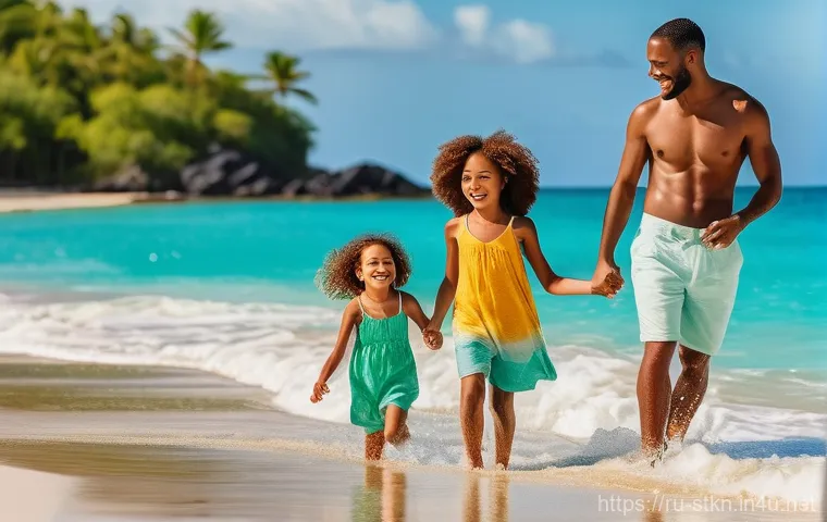 세인트키츠 네비스 이민 및 정착 - Image Prompt 1: Freedom and Family on a Caribbean Beach**