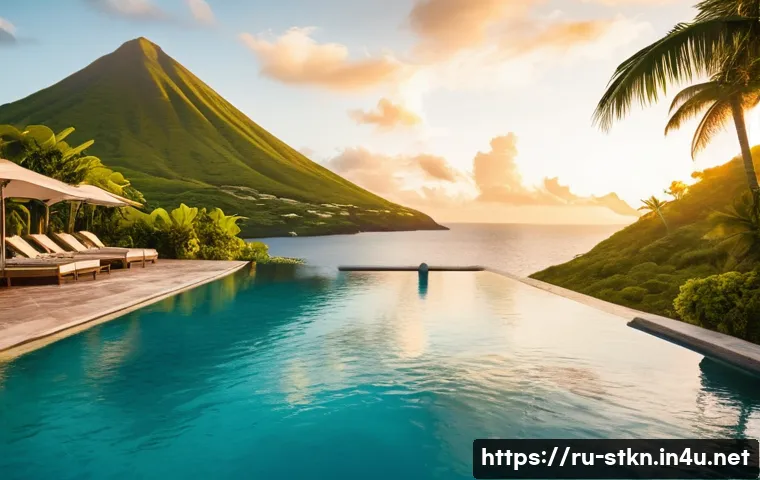 세인트키츠 네비스 초호화 리조트 - **Prompt:** A luxurious, serene scene at a high-end resort on St. Kitts, reminiscent of the Park Hya...