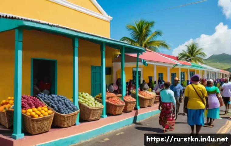 세인트키츠 네비스 사건사고 - A vibrant Caribbean market scene in Saint Kitts and Nevis during daytime, showing friendly local ven...