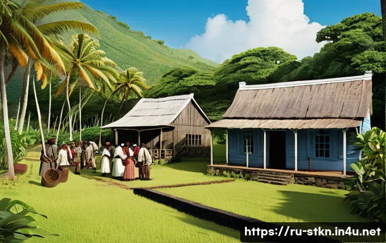세인트키츠 네비스 노예무역 역사 - A detailed historical scene depicting early 17th-century Caribbean colonial life on Saint Kitts and ...