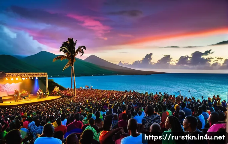 세인트키츠 네비스 유명인 - A vibrant Caribbean music festival scene on the island of Saint Kitts and Nevis, featuring diverse m...