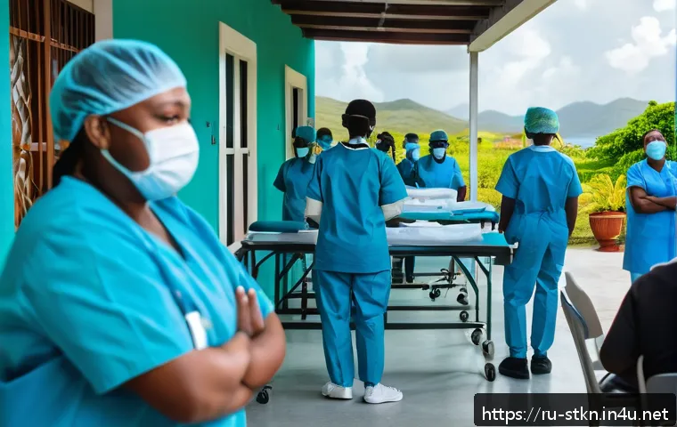 세인트키츠 네비스 코로나19 대응 - A detailed scene of a Caribbean island healthcare clinic in St. Kitts and Nevis during the COVID-19 ...