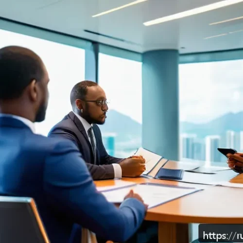 Home 31 세인트키츠 네비스 사기 피해 예방법 - A professional business meeting scene featuring a diverse group of investors and consultants in form...