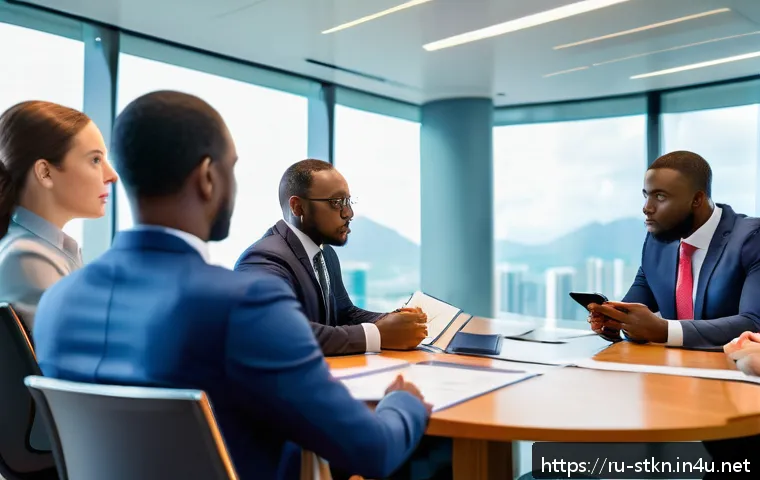 세인트키츠 네비스 사기 피해 예방법 - A professional business meeting scene featuring a diverse group of investors and consultants in form...