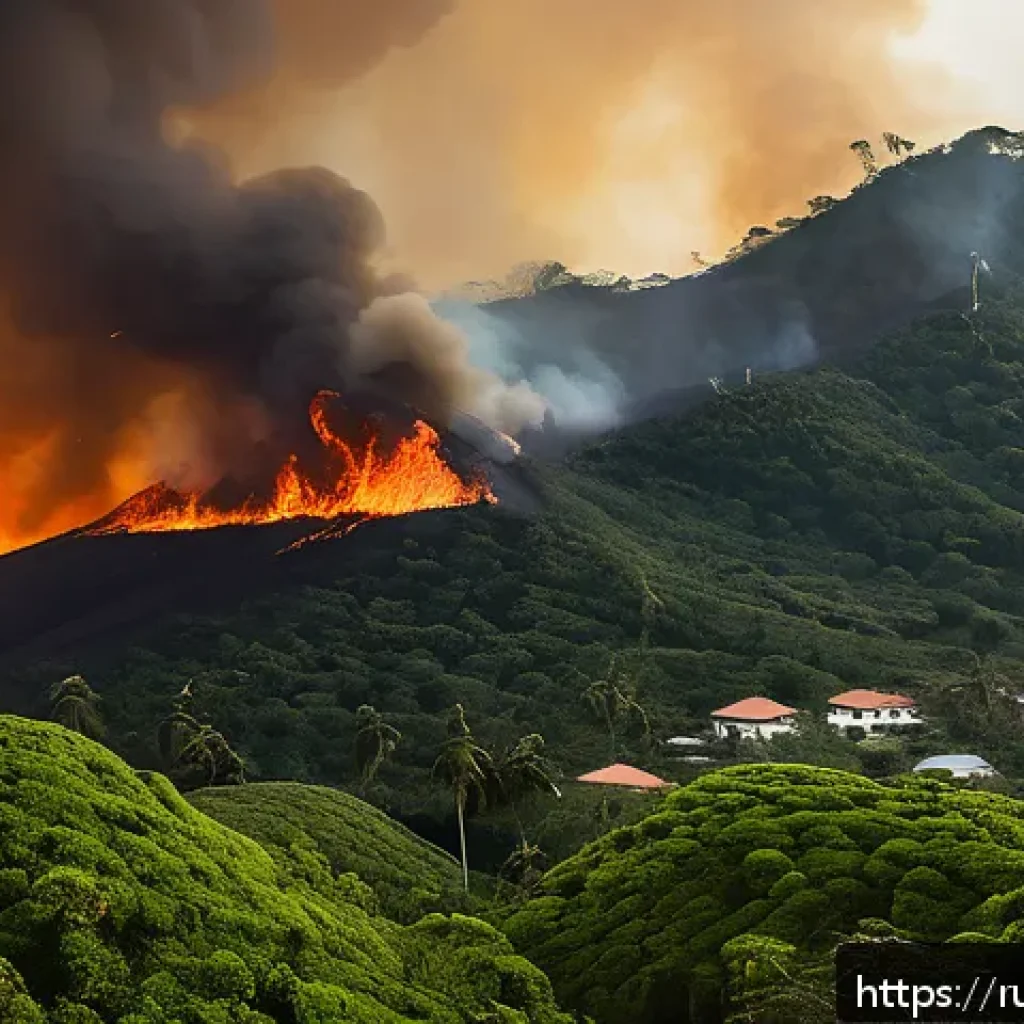 세인트키츠 네비스 대형 화재 사건 - A dramatic landscape scene depicting a wildfire spreading rapidly across the southern and western zo...