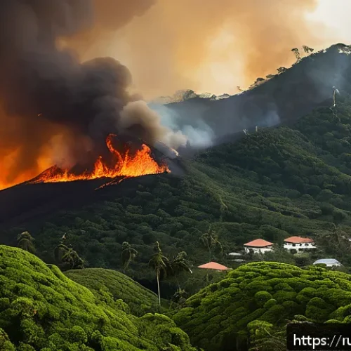 Home 30 세인트키츠 네비스 대형 화재 사건 - A dramatic landscape scene depicting a wildfire spreading rapidly across the southern and western zo...