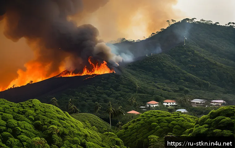 세인트키츠 네비스 대형 화재 사건 - A dramatic landscape scene depicting a wildfire spreading rapidly across the southern and western zo...