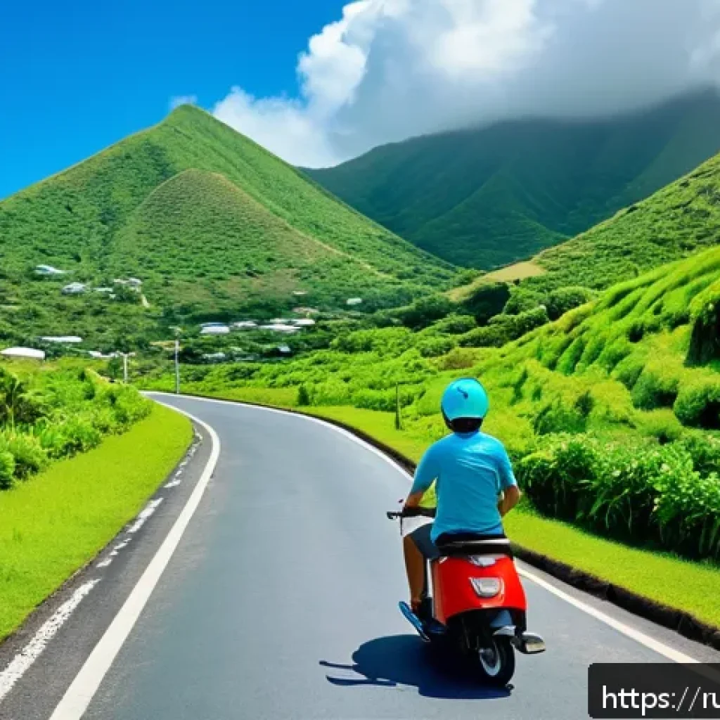 세인트키츠 네비스 교통 및 이동 수단 - A vibrant tropical island scene showing a tourist riding a bright red scooter along a narrow coastal...