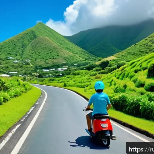 Home 17 세인트키츠 네비스 교통 및 이동 수단 - A vibrant tropical island scene showing a tourist riding a bright red scooter along a narrow coastal...