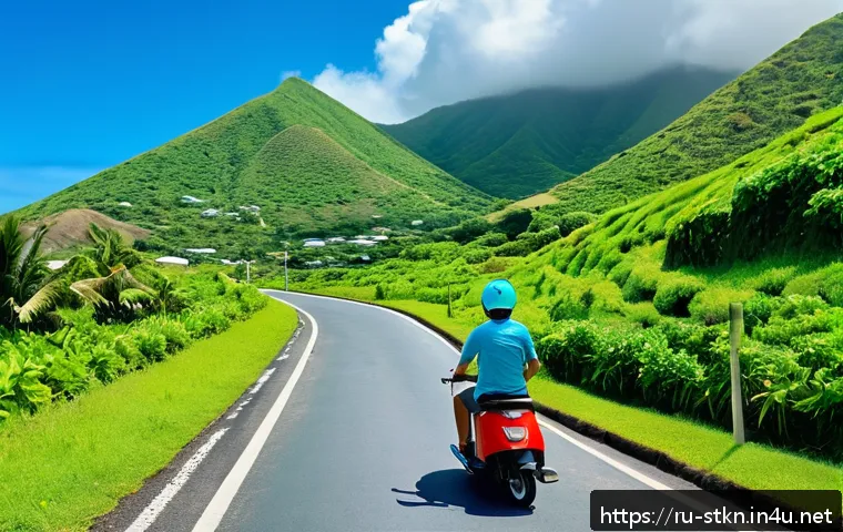 세인트키츠 네비스 교통 및 이동 수단 - A vibrant tropical island scene showing a tourist riding a bright red scooter along a narrow coastal...
