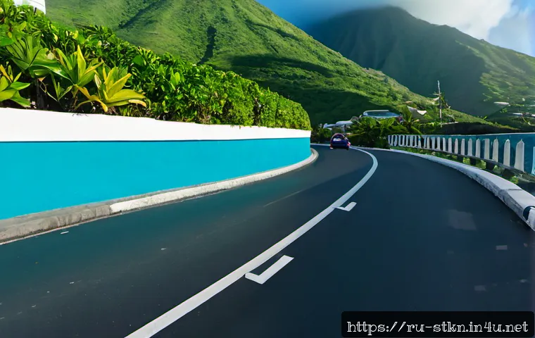 Home 17 세인트키츠 네비스 도로 교통 법규 - Photorealistic wide-angle view of a calm Caribbean island road in Saint Kitts and Nevis, a compact c...