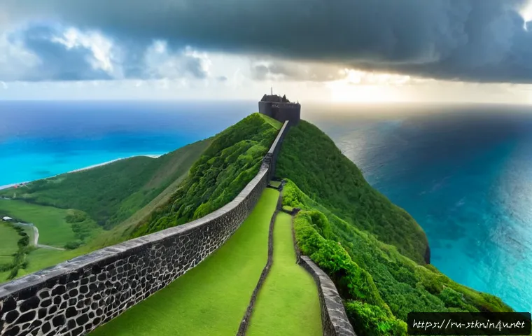 Home 17 세인트키츠 네비스 브림스톤 힐 요새 - Photorealistic panoramic view of Brimstone Hill Fortress on Saint Kitts, massive dark stone ramparts...