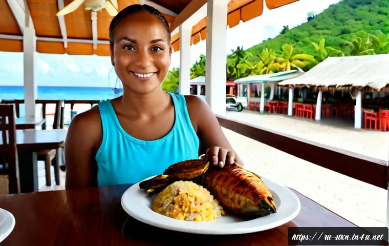 세인트키츠 네비스 현지 식당 추천 - Photorealistic local restaurant in Basseterre, Saint Kitts, inviting open-air veranda with warm wood...