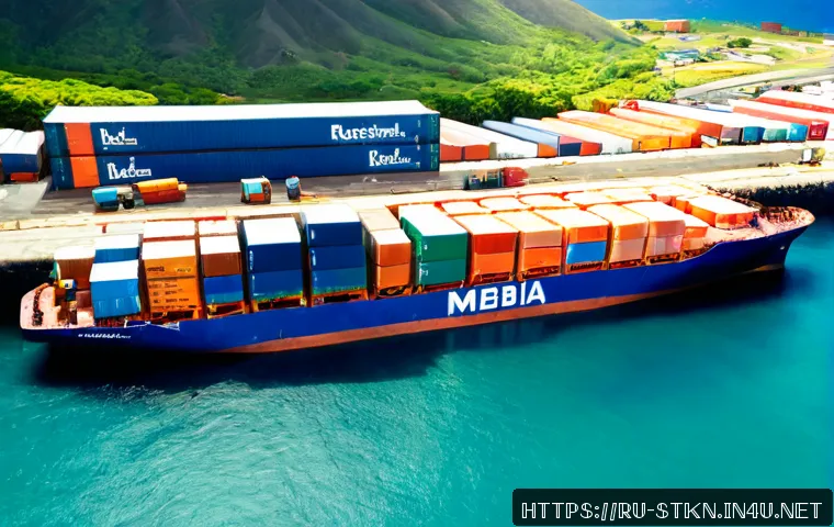 세인트키츠 네비스 경제 및 산업 - Photorealistic aerial view of a modern Caribbean cargo port on Saint Kitts, with colorful shipping c...